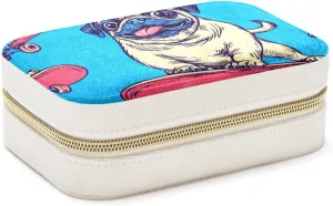 PU Leather Jewelry Box, Portable Organizer for Women Girls, Travel Case Display Storage Holder for Rings Earrings Necklaces - Cool Pug Dog Skaters