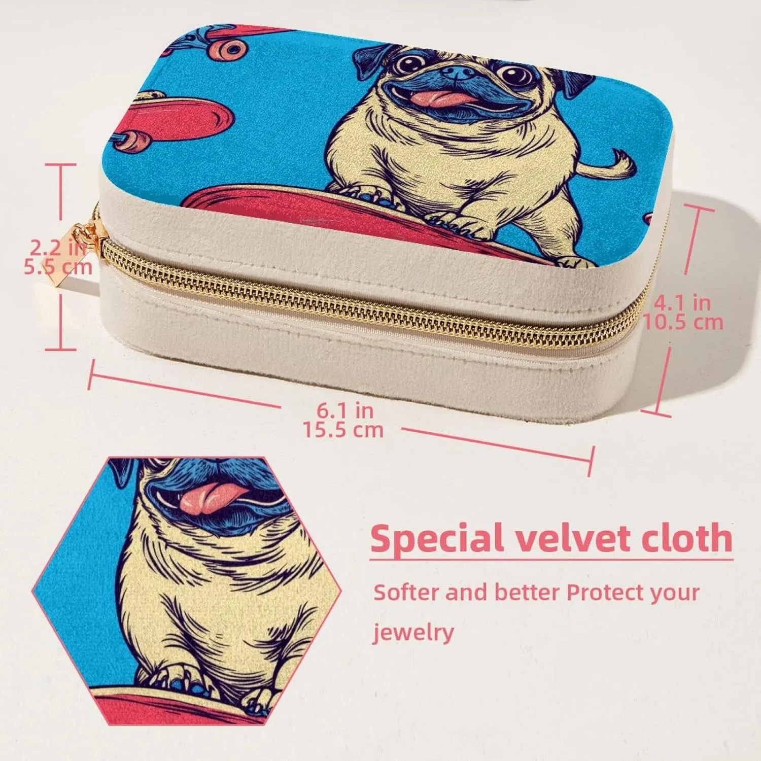 PU Leather Jewelry Box, Portable Organizer for Women Girls, Travel Case Display Storage Holder for Rings Earrings Necklaces - Cool Pug Dog Skaters