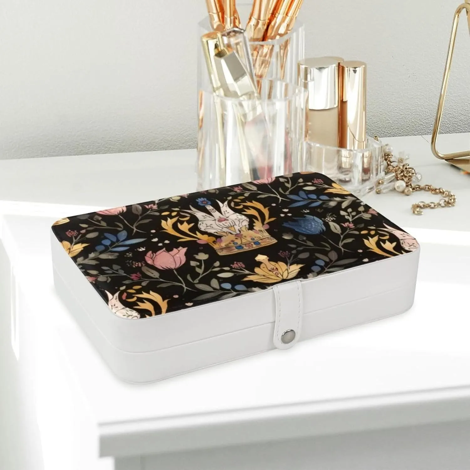 PU Leather Jewelry Box, Portable Organizer for Women Girls, Travel Case Display Storage Holder for Rings Earrings Necklaces - Princess Crown Floral Pattern