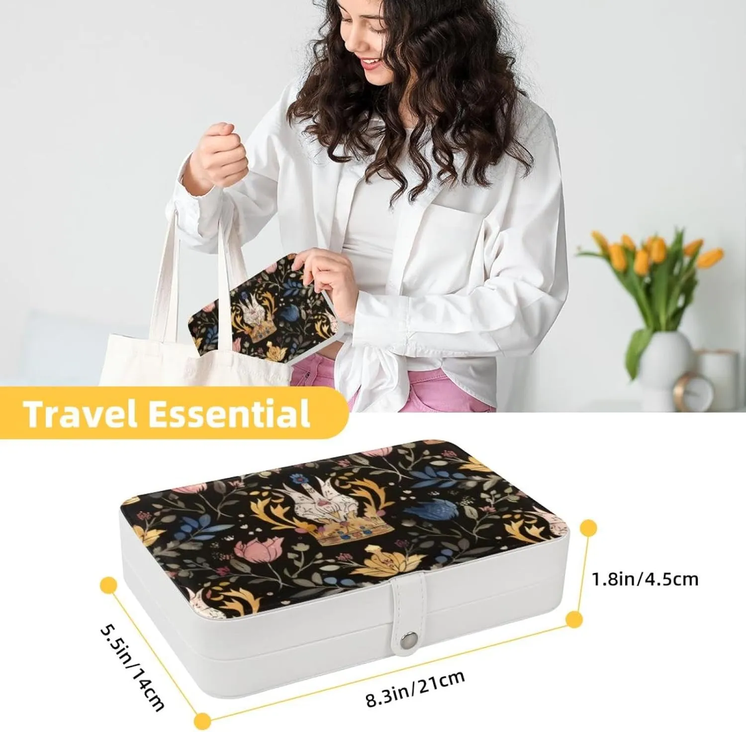 PU Leather Jewelry Box, Portable Organizer for Women Girls, Travel Case Display Storage Holder for Rings Earrings Necklaces - Princess Crown Floral Pattern