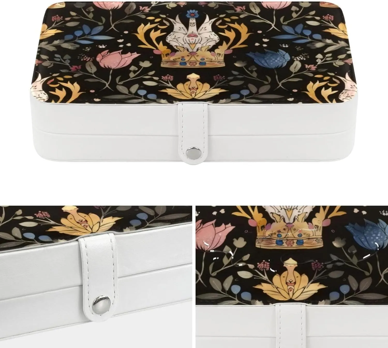 PU Leather Jewelry Box, Portable Organizer for Women Girls, Travel Case Display Storage Holder for Rings Earrings Necklaces - Princess Crown Floral Pattern