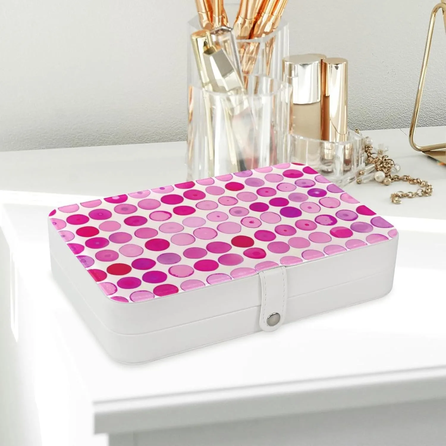 PU Leather Jewelry Box, Portable Organizer for Women Girls, Travel Case Display Storage Holder for Rings Earrings Necklaces - Seamless Pink Dots Pattern