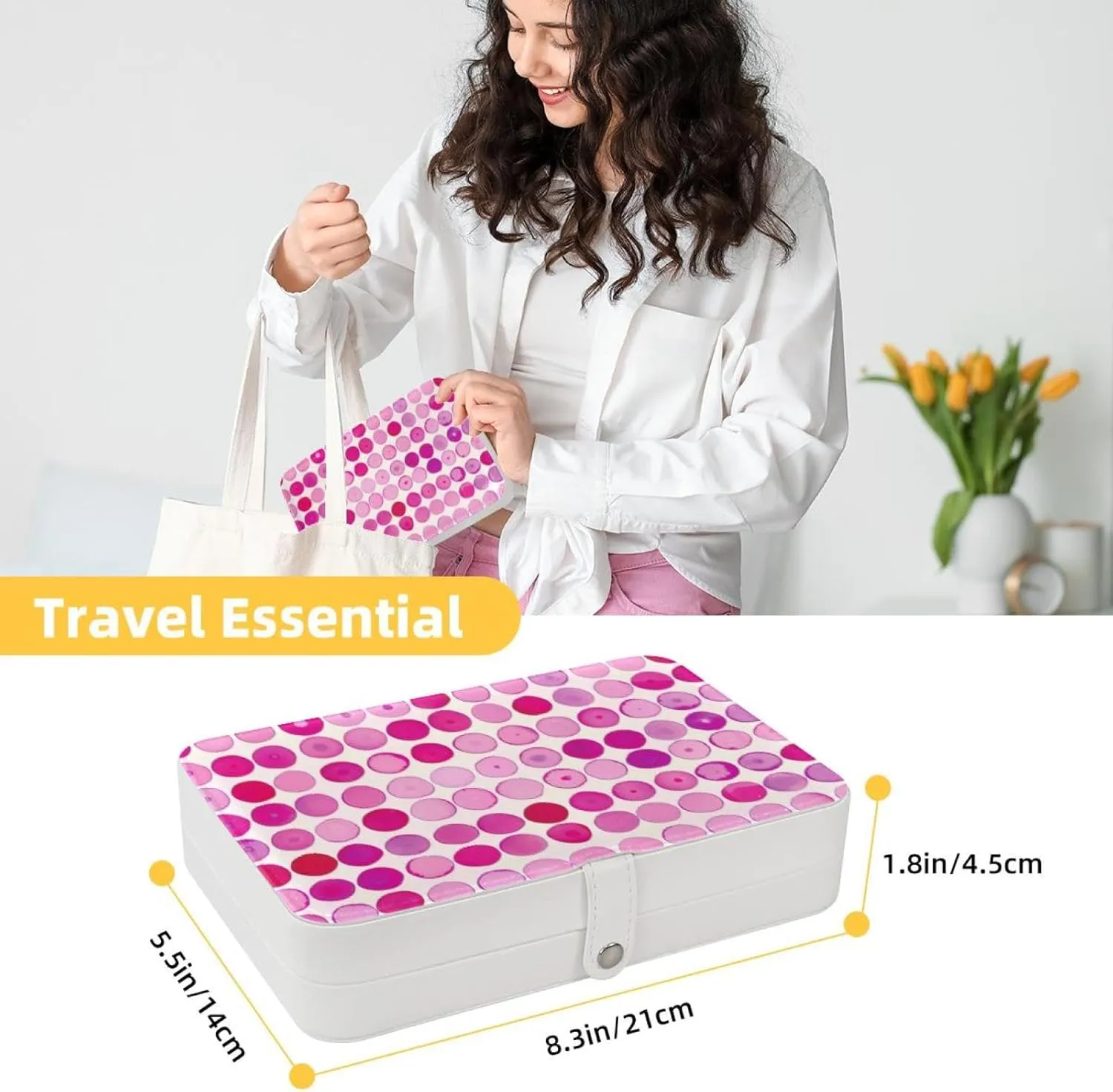 PU Leather Jewelry Box, Portable Organizer for Women Girls, Travel Case Display Storage Holder for Rings Earrings Necklaces - Seamless Pink Dots Pattern