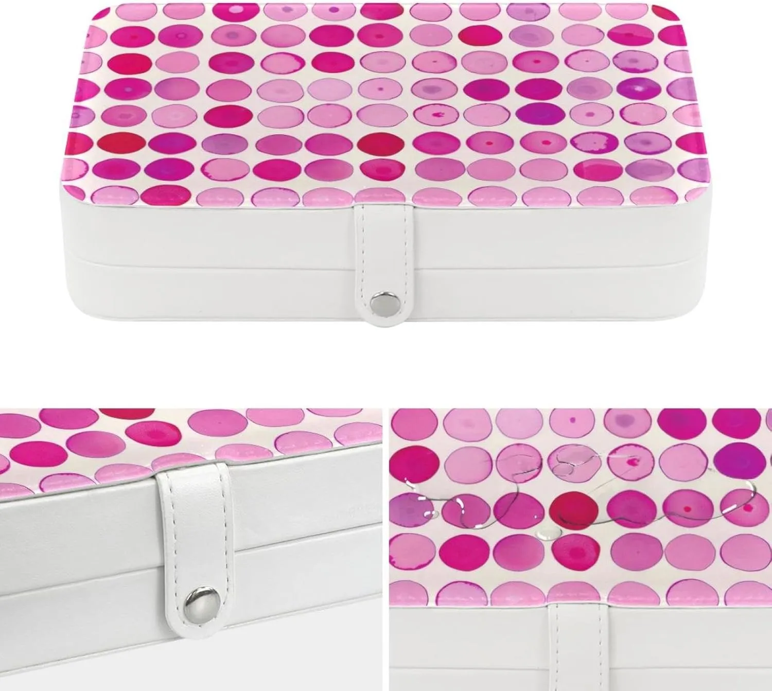 PU Leather Jewelry Box, Portable Organizer for Women Girls, Travel Case Display Storage Holder for Rings Earrings Necklaces - Seamless Pink Dots Pattern
