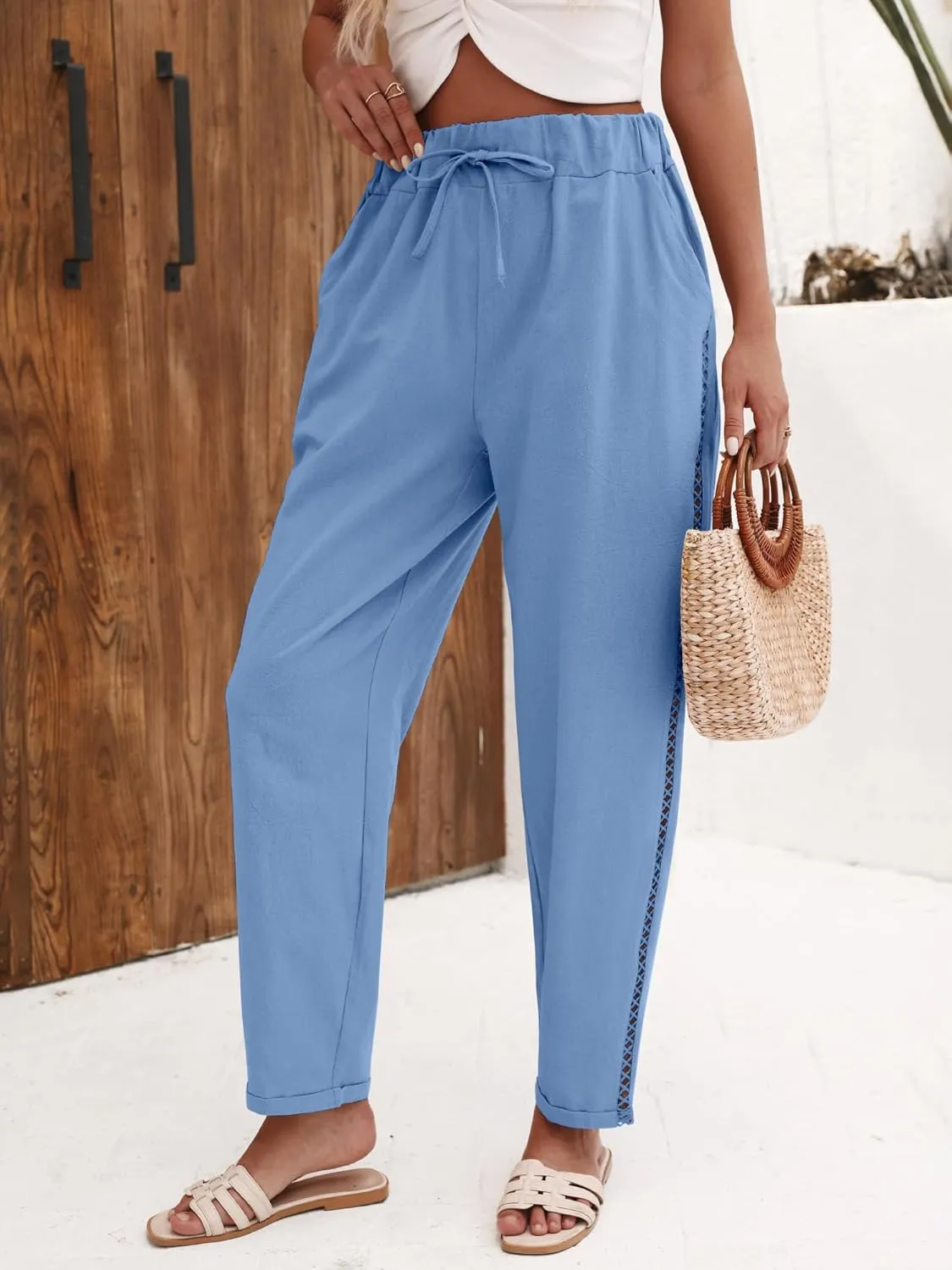 Puimentiua Women's Linen Capri Pants with Drawstring Petite Summer Beachwear Lightweight Elastic Waist Pants