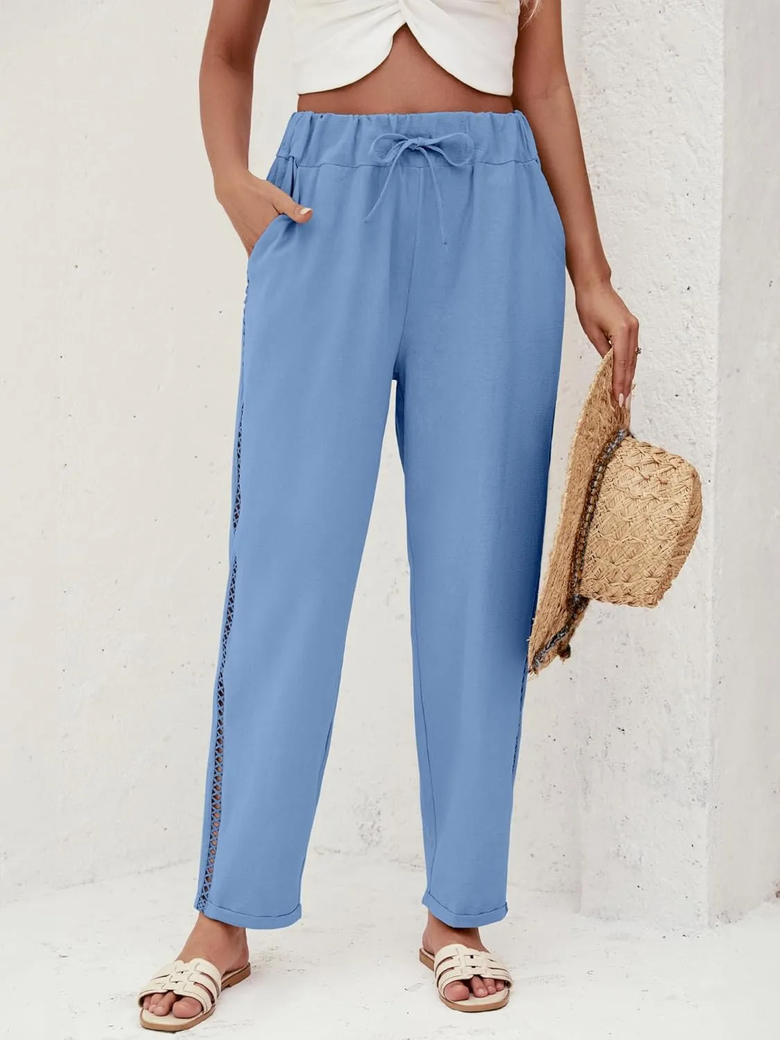 Puimentiua Women's Linen Capri Pants with Drawstring Petite Summer Beachwear Lightweight Elastic Waist Pants
