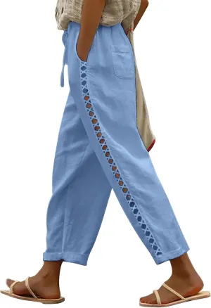 Puimentiua Women's Linen Capri Pants with Drawstring Petite Summer Beachwear Lightweight Elastic Waist Pants