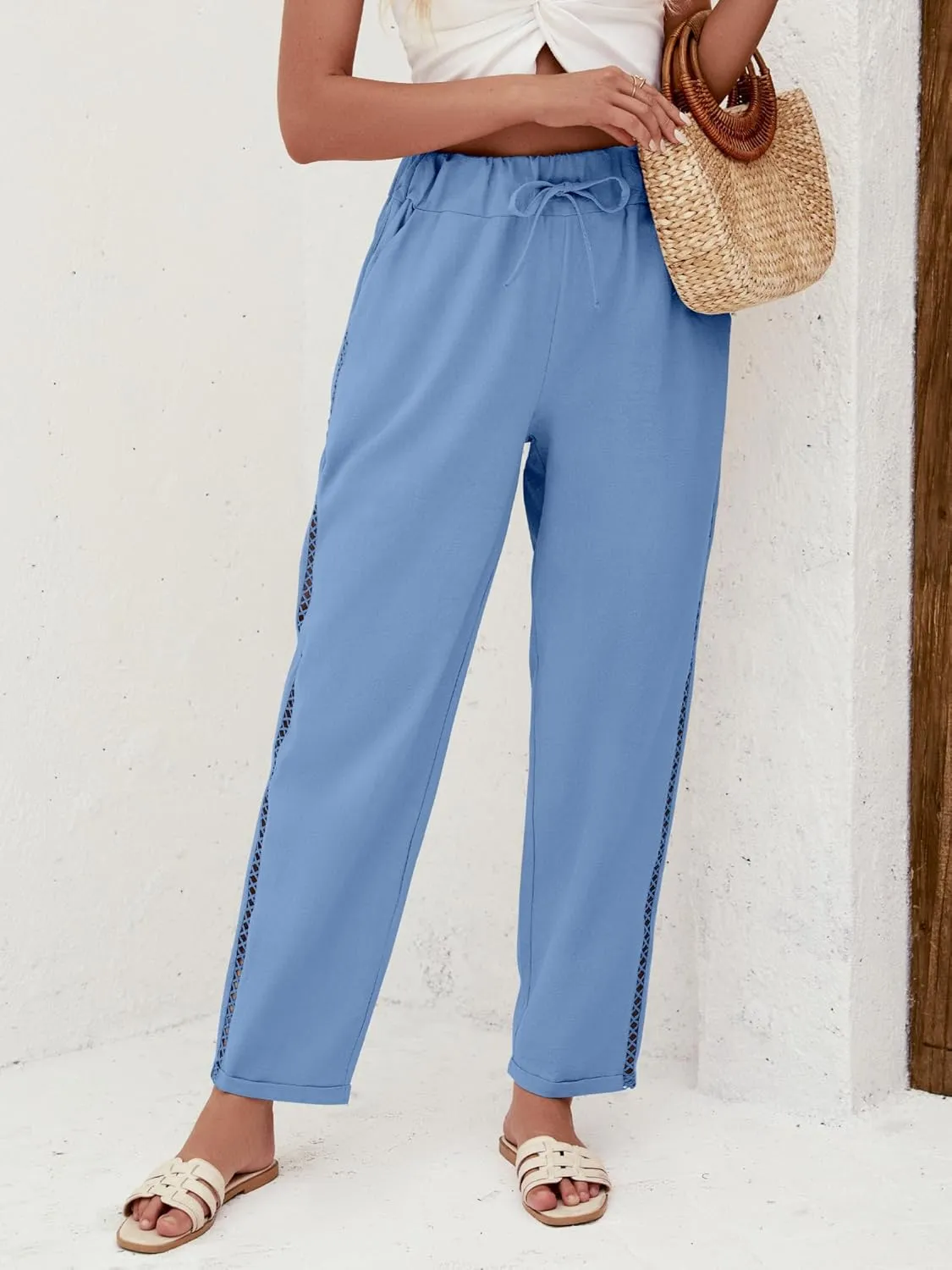 Puimentiua Women's Linen Capri Pants with Drawstring Petite Summer Beachwear Lightweight Elastic Waist Pants