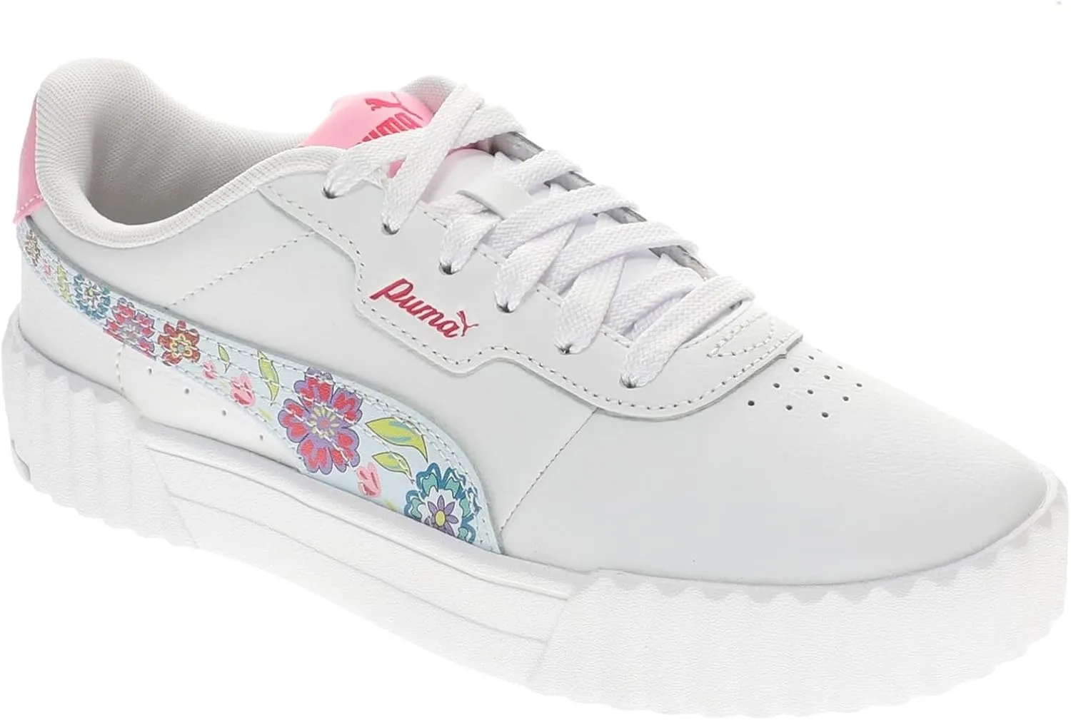 PUMA Carina 3.0 Flower Power Jr Girls' Youth Sneaker, 6 M US Big Kid, White-Blue