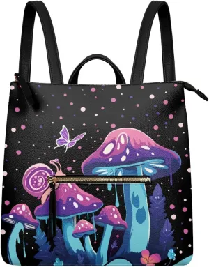Purple Mushroom Backpack Purse for Women Leather Handbag Ladies Fashion Snails Shoulder Bag Butterfly Travel Backpack
