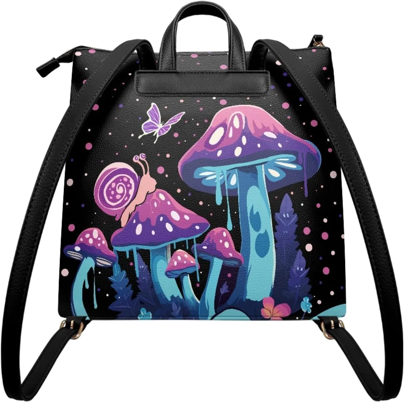 Purple Mushroom Backpack Purse for Women Leather Handbag Ladies Fashion Snails Shoulder Bag Butterfly Travel Backpack