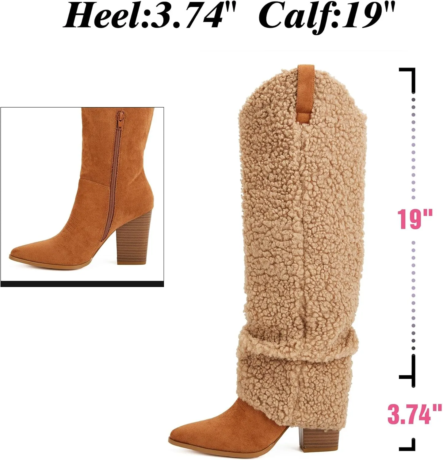 Putu Fold Over Boots for Women Knee High Cowboy Boots Chunky High Heel Tall Boots