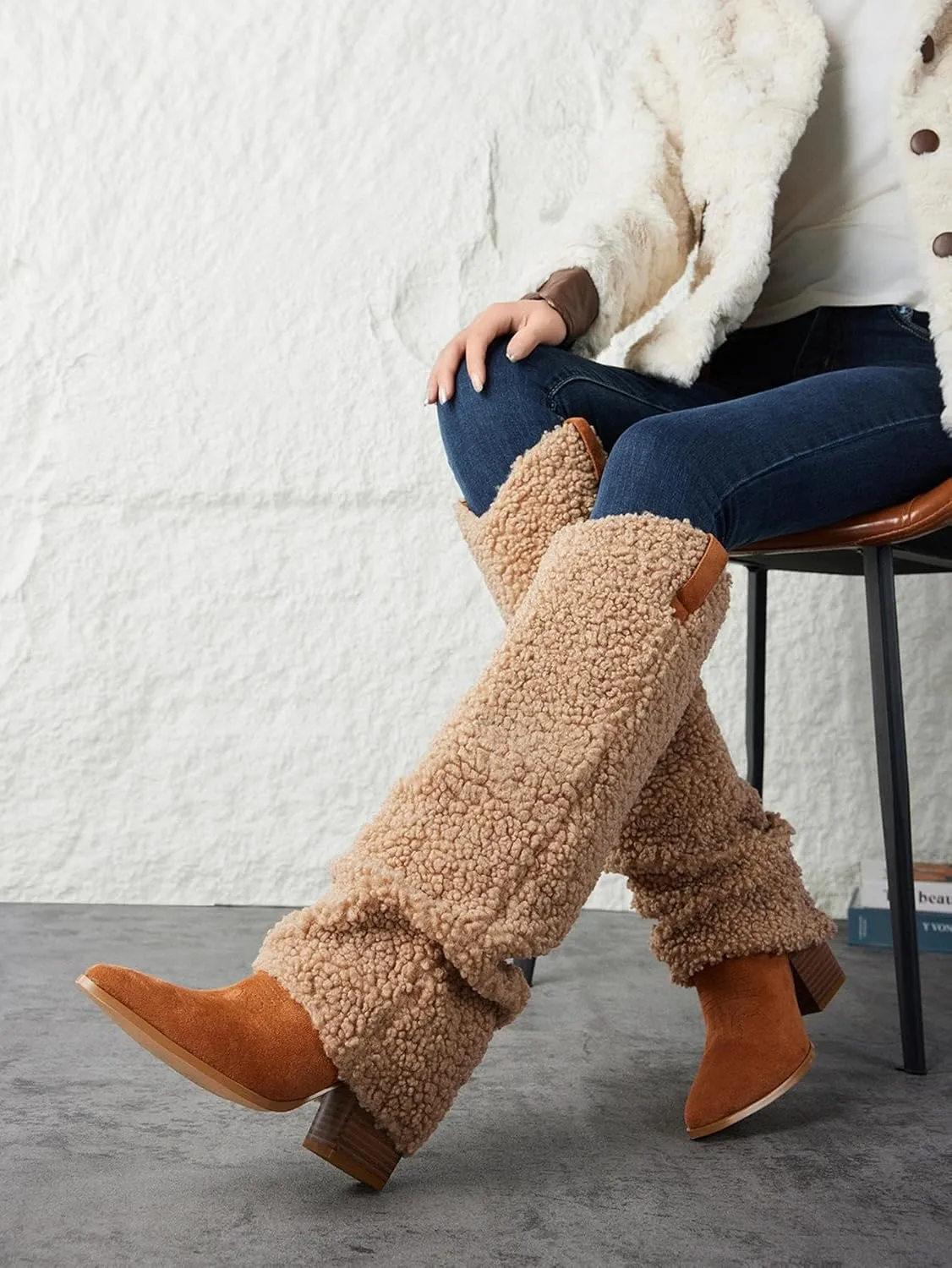 Putu Fold Over Boots for Women Knee High Cowboy Boots Chunky High Heel Tall Boots