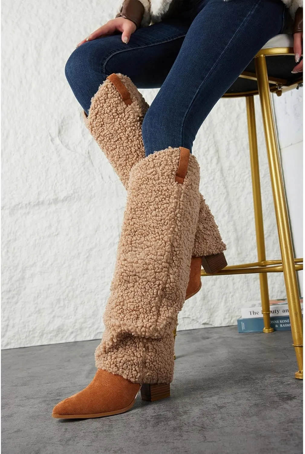 Putu Fold Over Boots for Women Knee High Cowboy Boots Chunky High Heel Tall Boots
