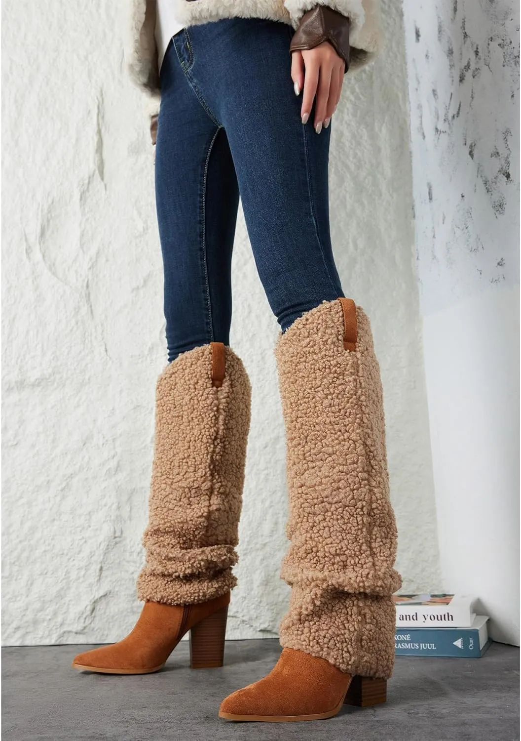 Putu Fold Over Boots for Women Knee High Cowboy Boots Chunky High Heel Tall Boots