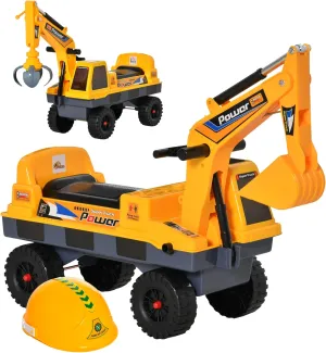 Qaba No Power 2 in 1 Ride On Excavator with Helmet and Claw, Construction Truck Set, Multi-Functional Digger with Storage, Light and Music, Yellow