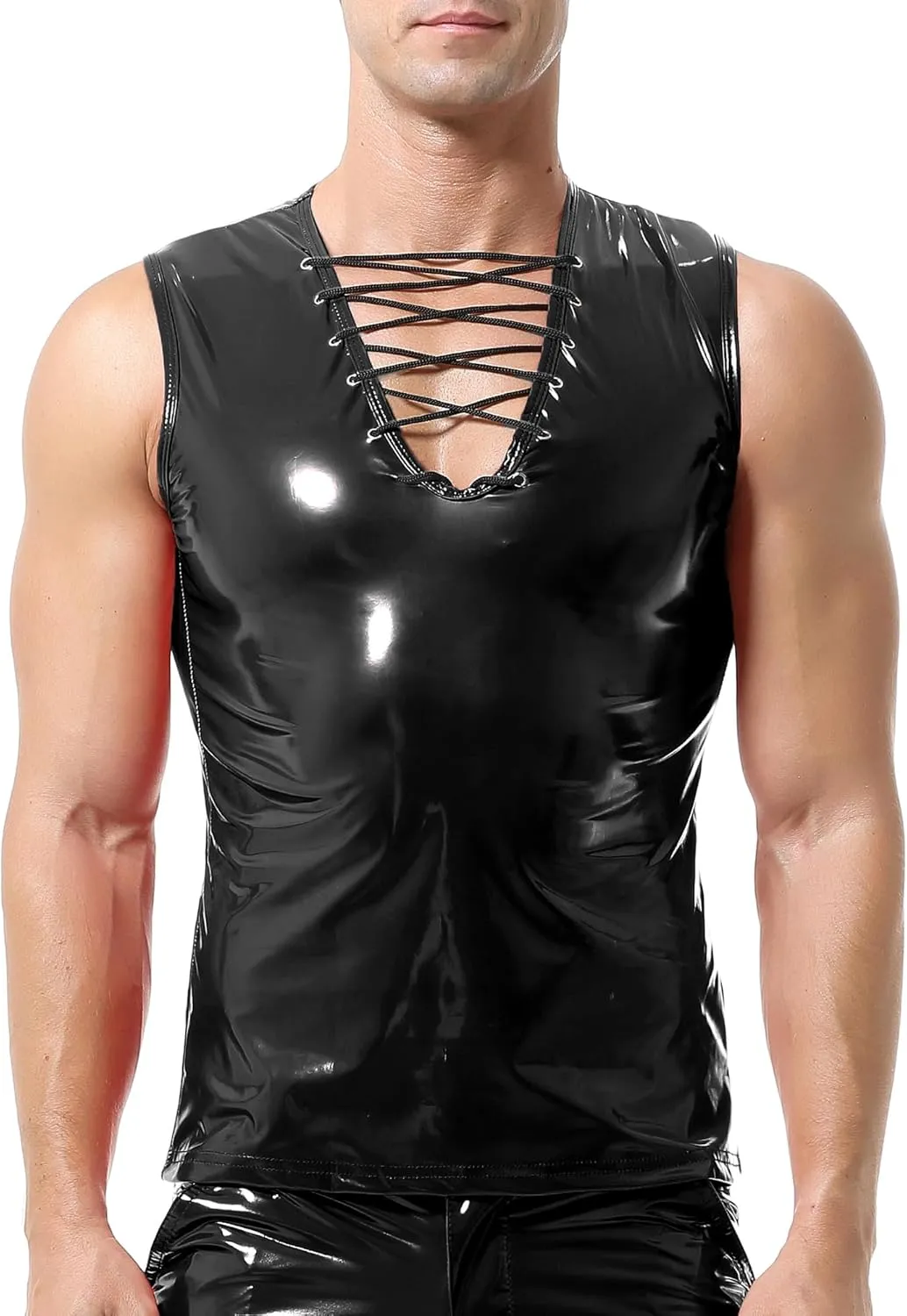 QiaTi Men's Faux Leather Undershirt Wetlook Tank Top Shirt Chest Lace Up Sleeveless Vest Sport Muscle for Men