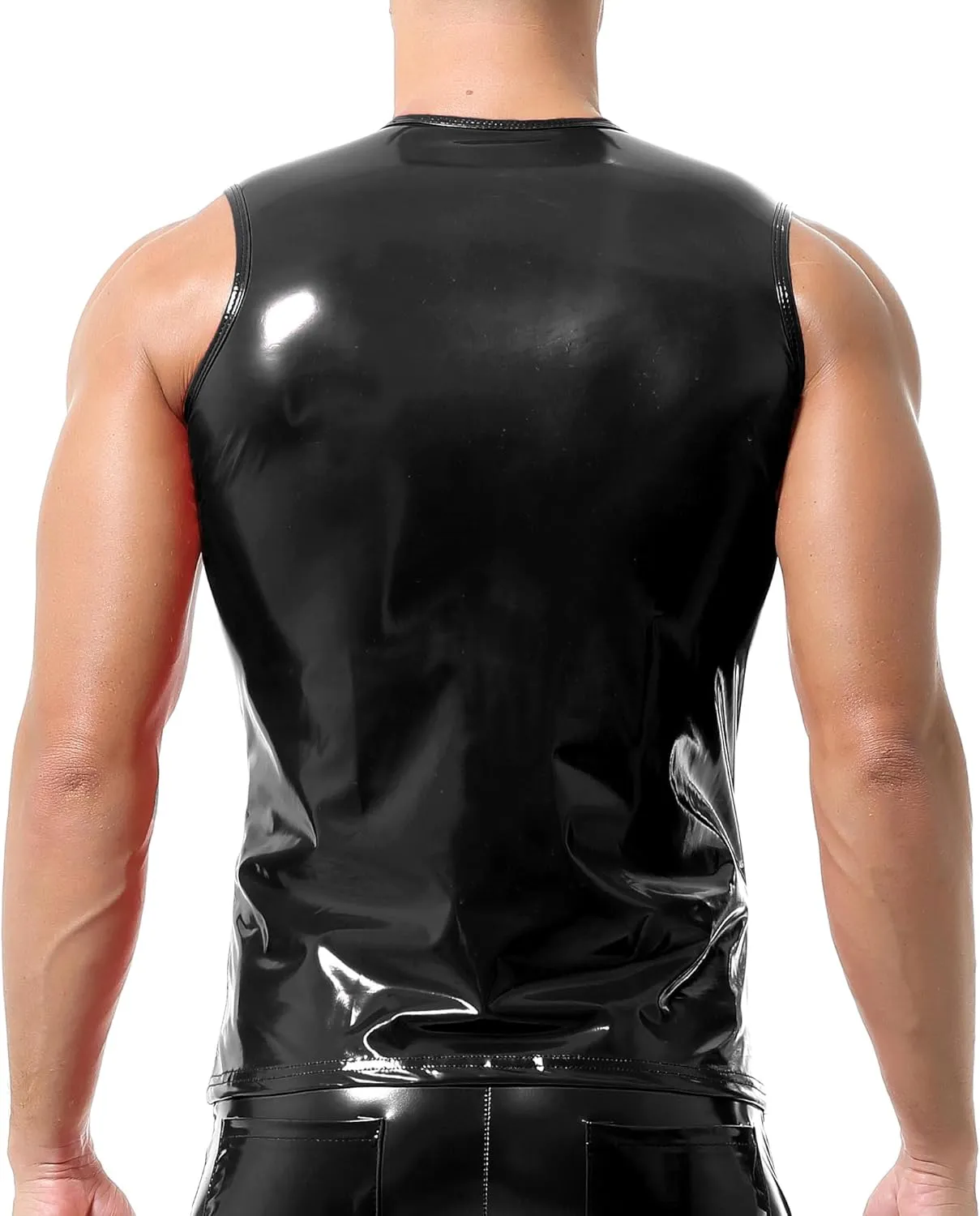 QiaTi Men's Faux Leather Undershirt Wetlook Tank Top Shirt Chest Lace Up Sleeveless Vest Sport Muscle for Men