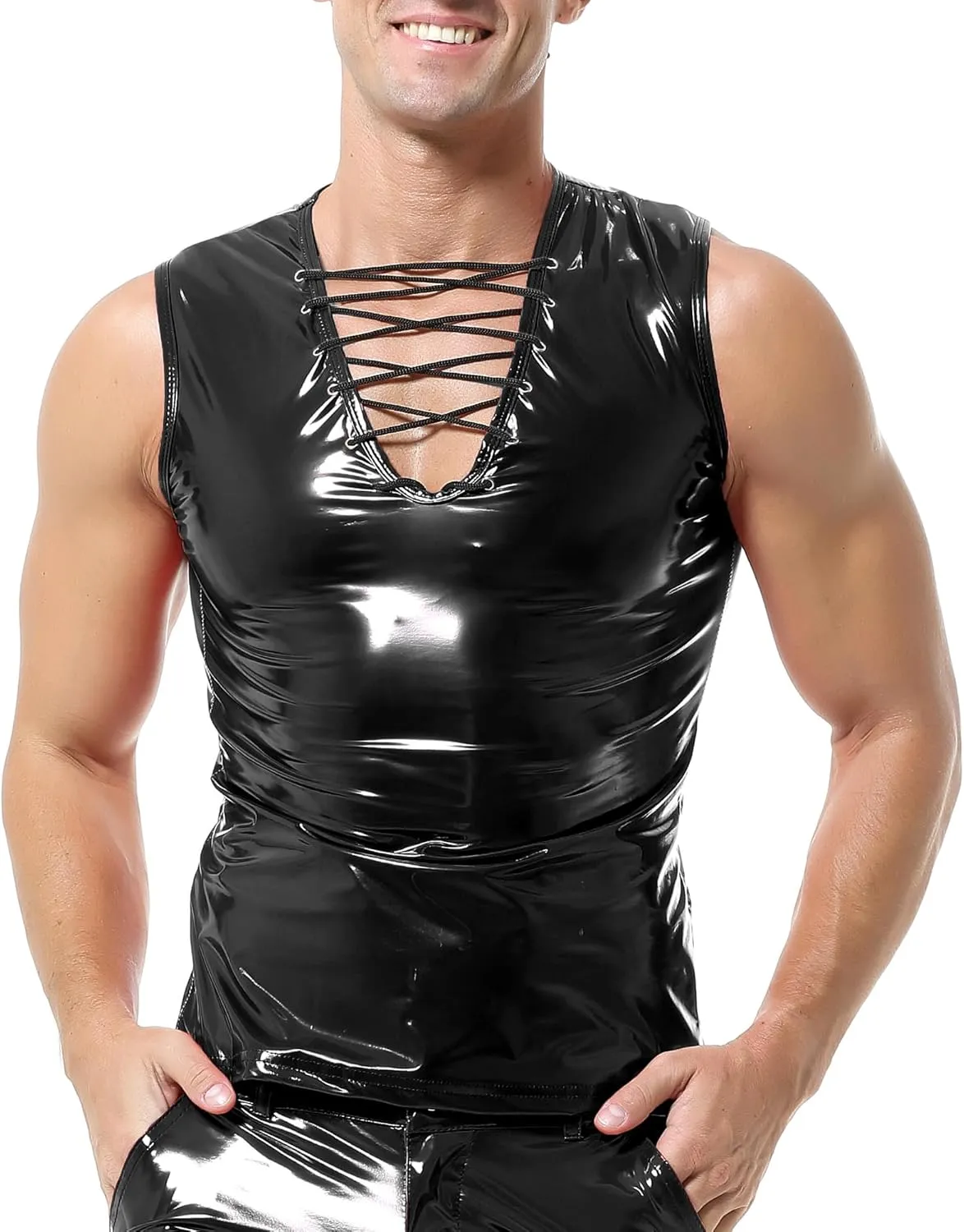 QiaTi Men's Faux Leather Undershirt Wetlook Tank Top Shirt Chest Lace Up Sleeveless Vest Sport Muscle for Men