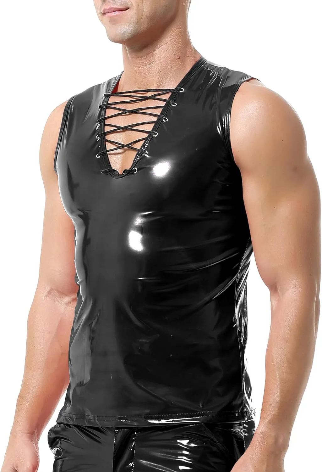 QiaTi Men's Faux Leather Undershirt Wetlook Tank Top Shirt Chest Lace Up Sleeveless Vest Sport Muscle for Men