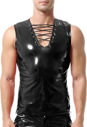 QiaTi Men's Faux Leather Undershirt Wetlook Tank Top Shirt Chest Lace Up Sleeveless Vest Sport Muscle for Men