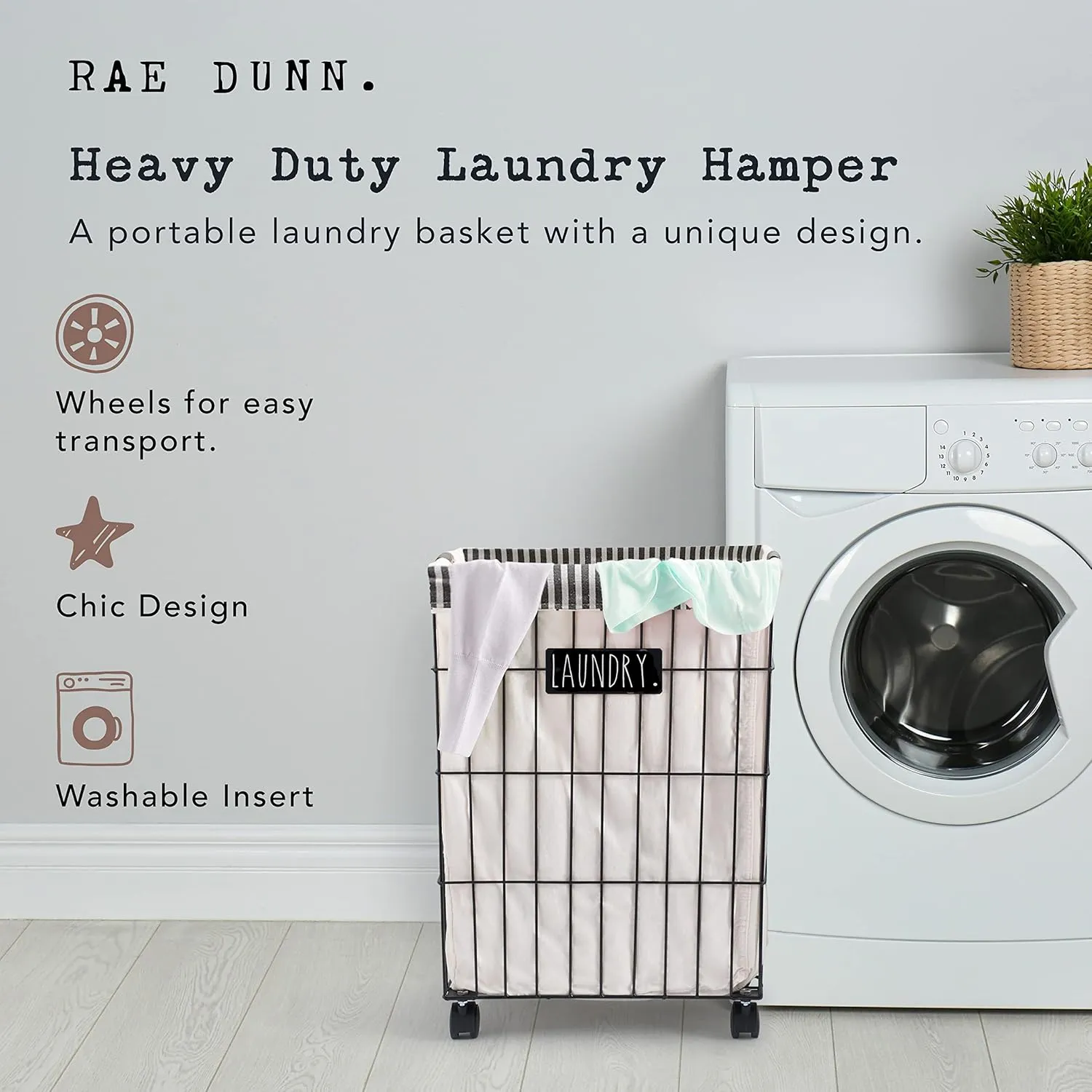 Rae Dunn Heavy Duty Laundry Hamper on Wheels - Black Metal Wire Basket with Liner - Portable Laundry Basket with Removable, Washable Cloth Liner - Laundry Room Accessories