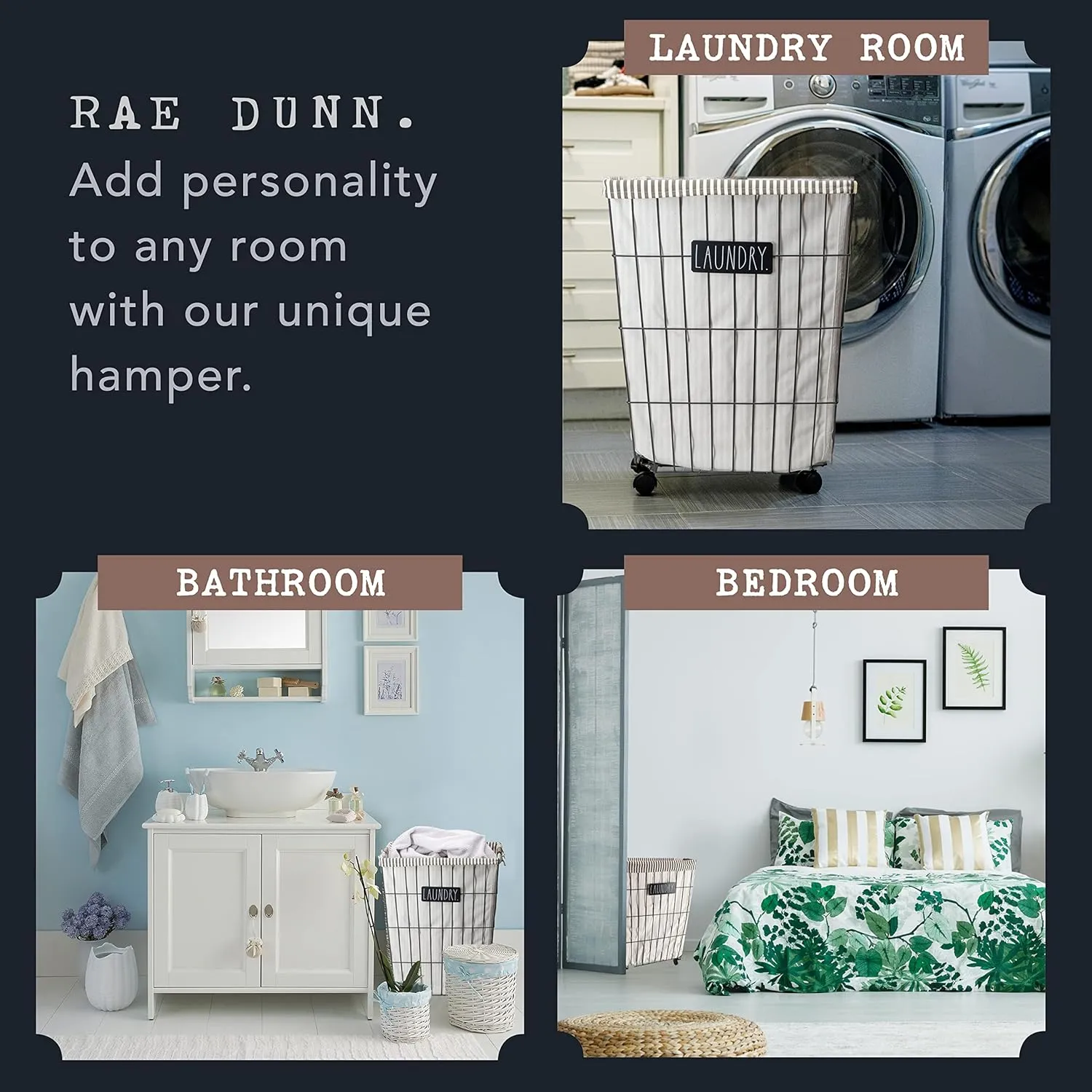 Rae Dunn Heavy Duty Laundry Hamper on Wheels - Black Metal Wire Basket with Liner - Portable Laundry Basket with Removable, Washable Cloth Liner - Laundry Room Accessories