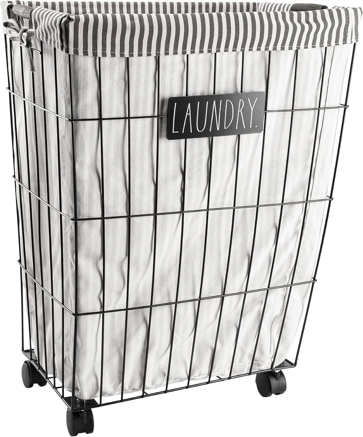 Rae Dunn Heavy Duty Laundry Hamper on Wheels - Black Metal Wire Basket with Liner - Portable Laundry Basket with Removable, Washable Cloth Liner - Laundry Room Accessories