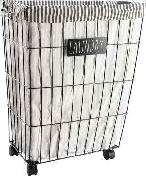 Rae Dunn Heavy Duty Laundry Hamper on Wheels - Black Metal Wire Basket with Liner - Portable Laundry Basket with Removable, Washable Cloth Liner - Laundry Room Accessories