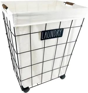 Rae Dunn Heavy Duty Laundry Hamper on Wheels - Lined Basket with Removable Cloth Liner - By Designstyles