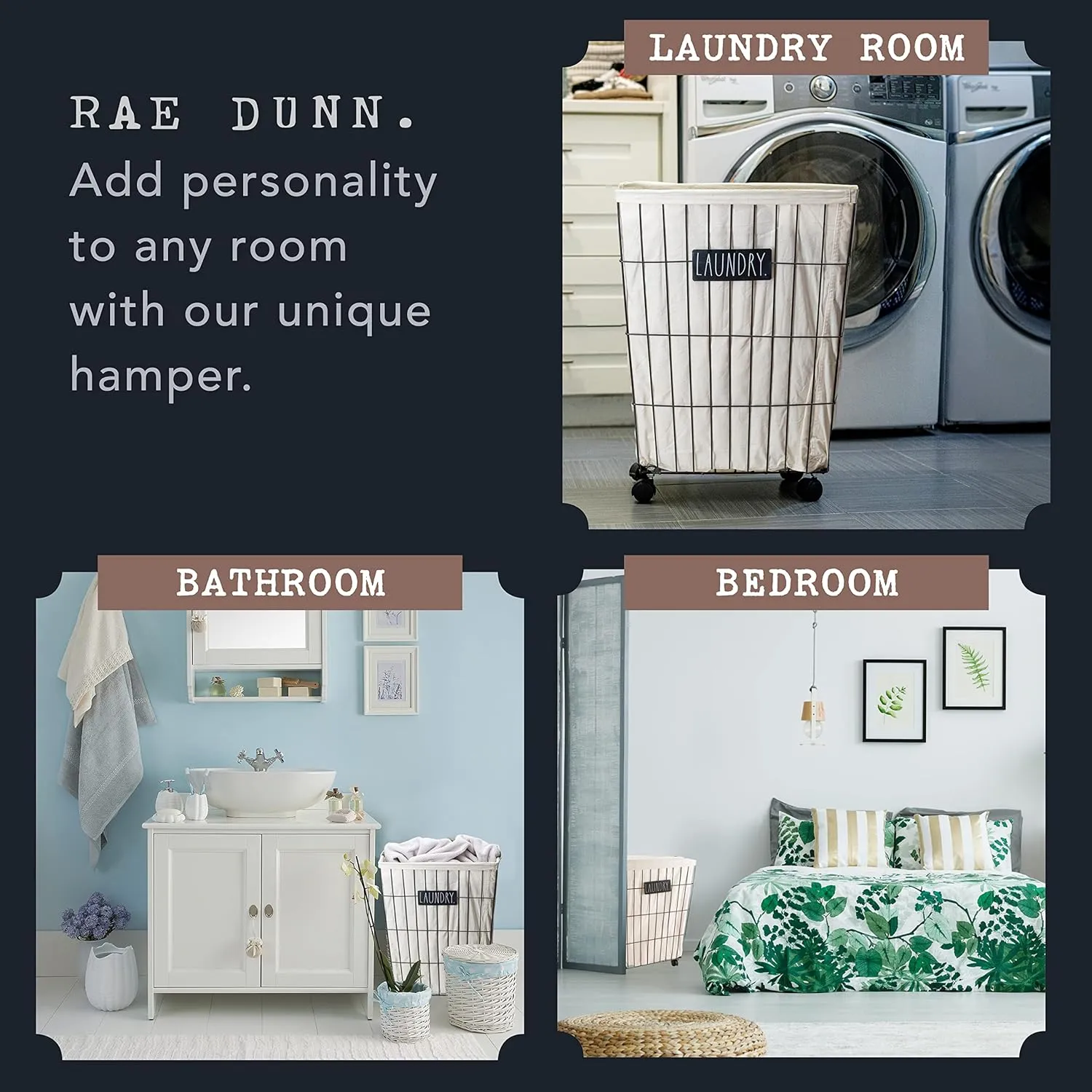 Rae Dunn Heavy Duty Laundry Hamper on Wheels - Lined Basket with Removable Cloth Liner - By Designstyles