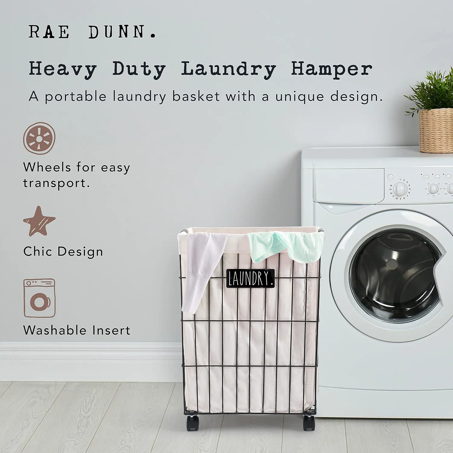 Rae Dunn Heavy Duty Laundry Hamper on Wheels - Lined Basket with Removable Cloth Liner - By Designstyles