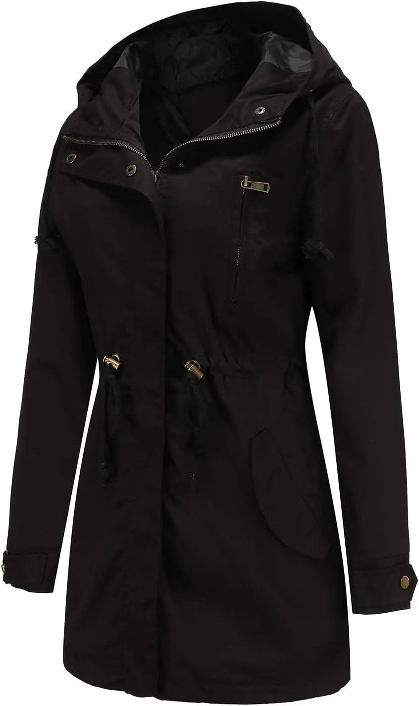 Rain Jackets for Women Waterproof Long Lightweight Trench Coats Outdoor Hooded Casual Drawtring Waist Rain Coats Fall