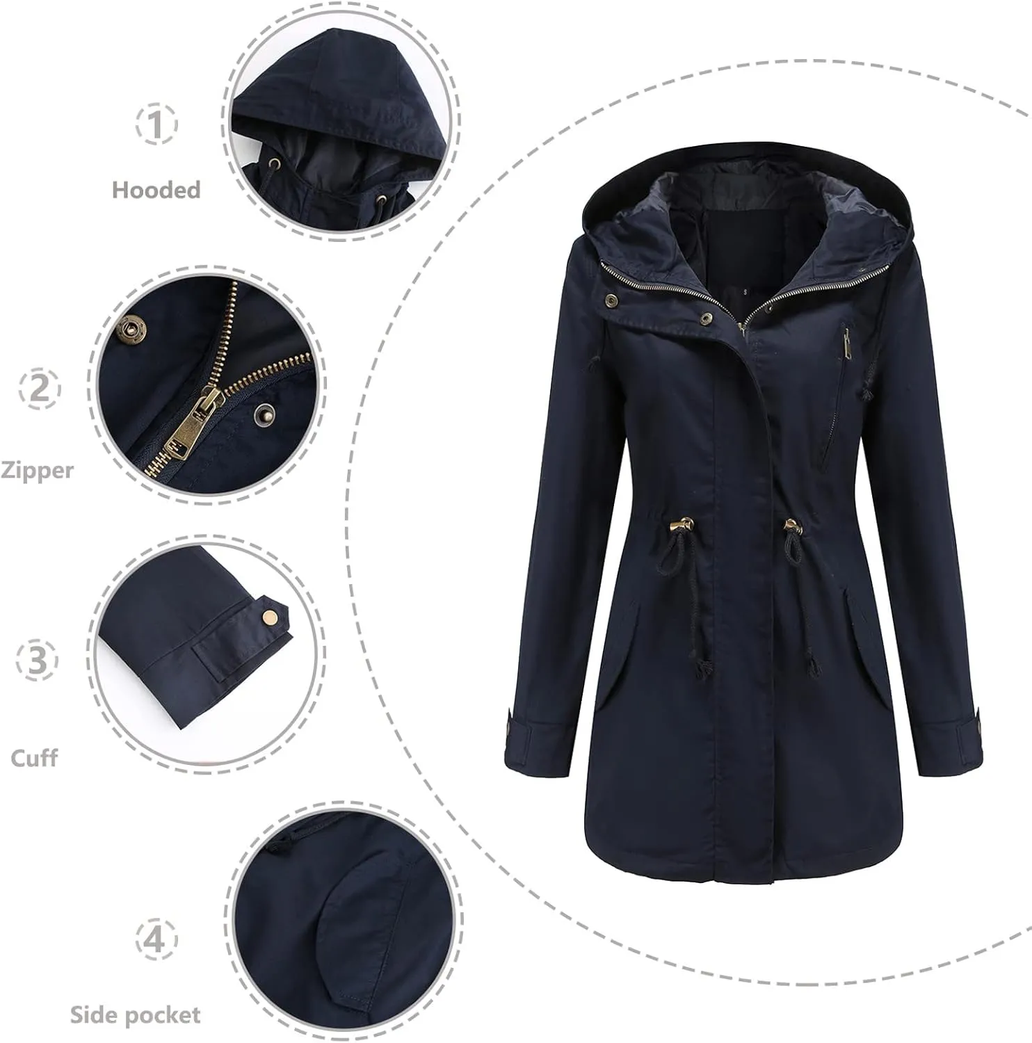 Rain Jackets for Women Waterproof Long Lightweight Trench Coats Outdoor Hooded Casual Drawtring Waist Rain Coats Fall
