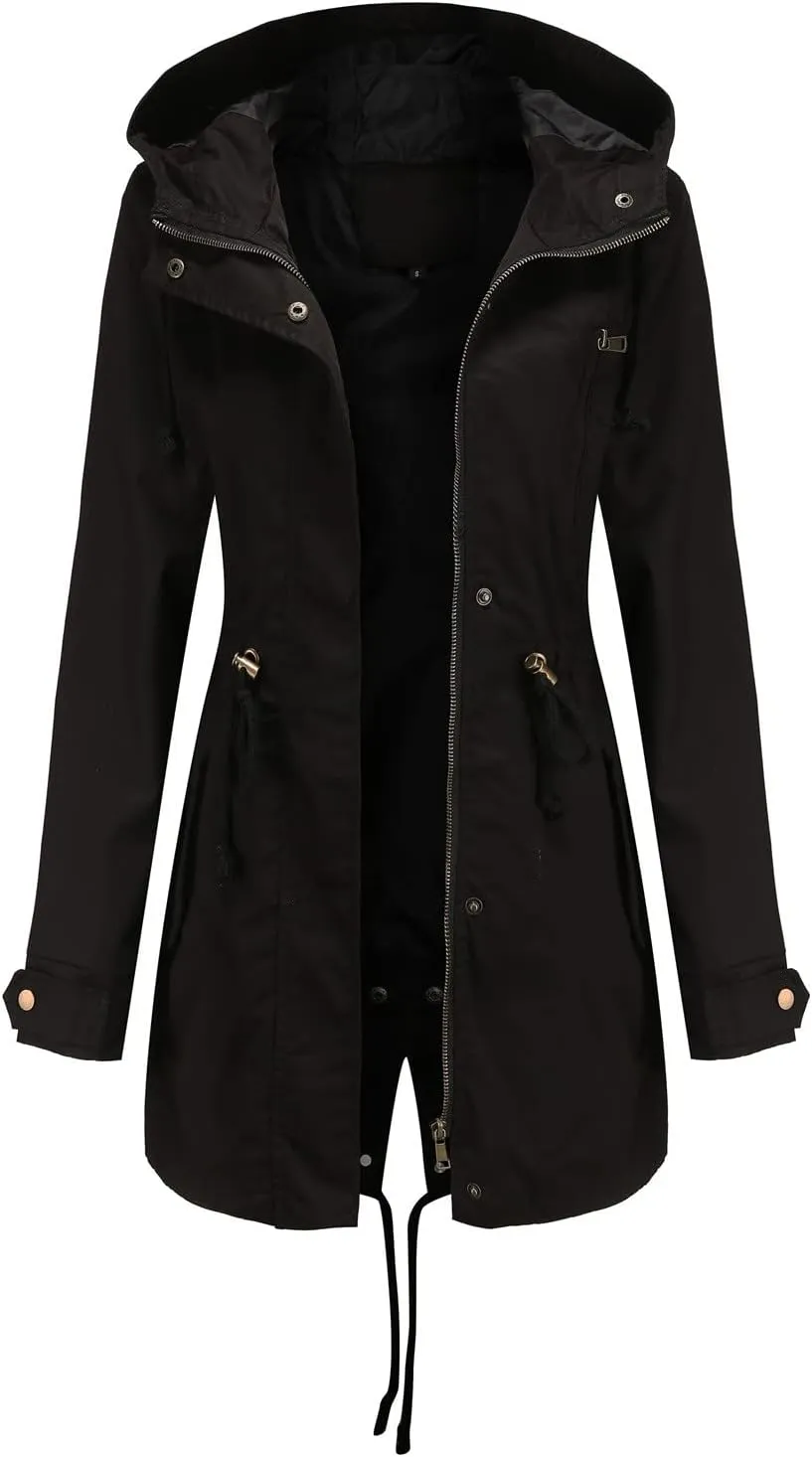 Rain Jackets for Women Waterproof Long Lightweight Trench Coats Outdoor Hooded Casual Drawtring Waist Rain Coats Fall