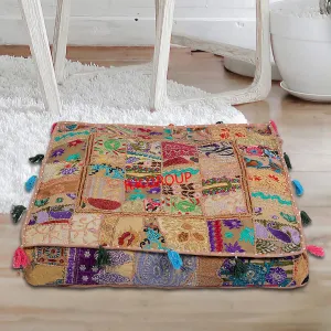 Rajasthani Handmade Colorful Decorative Floor Pillow Cover Meditation Patchwork Patchwork Cushion Seating Accent Boho Chic Indian Handmade Cover ONLY (Beige, 35X35X6 Inches Square)