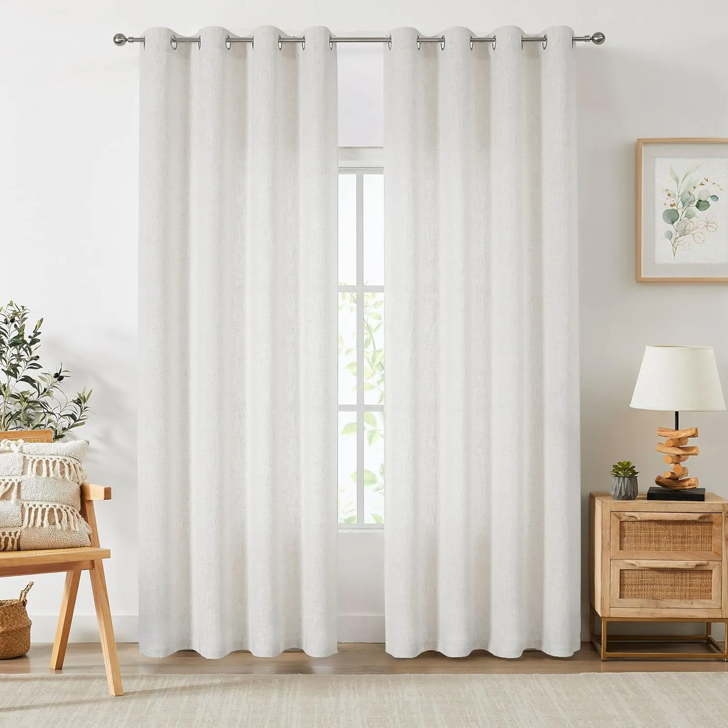 Randall Cream White Linen Light Filtering Curtain Panels 84 Inches Long Grommet Top Rustic Flax Window Treatment Drapery for Bedroom Living Room Country Rustic Farmhouse,54"x84", 2 Panels, White/Linen