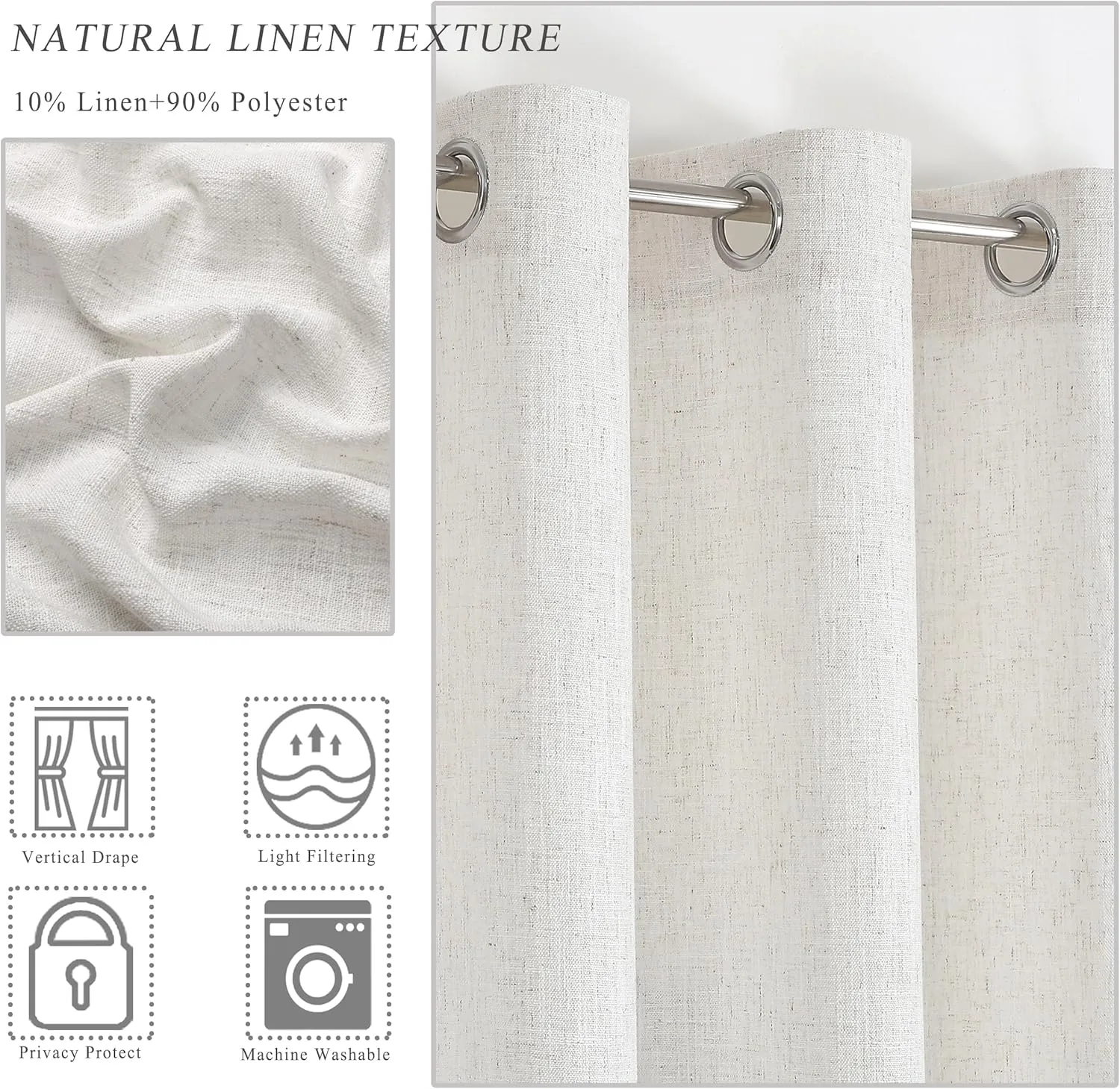 Randall Cream White Linen Light Filtering Curtain Panels 84 Inches Long Grommet Top Rustic Flax Window Treatment Drapery for Bedroom Living Room Country Rustic Farmhouse,54"x84", 2 Panels, White/Linen