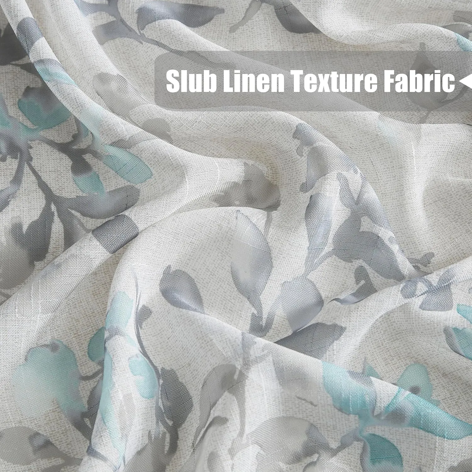 Randall Leaf Print Sheer Window Curtains 84 Inches Long Botanical Floral Pattern Slub Linen Texture Drapes for Living Room/Bedroom/Farmhouse Voile Grommet Window Treatment, 52" W, 2 Panels, Aqua/Gray
