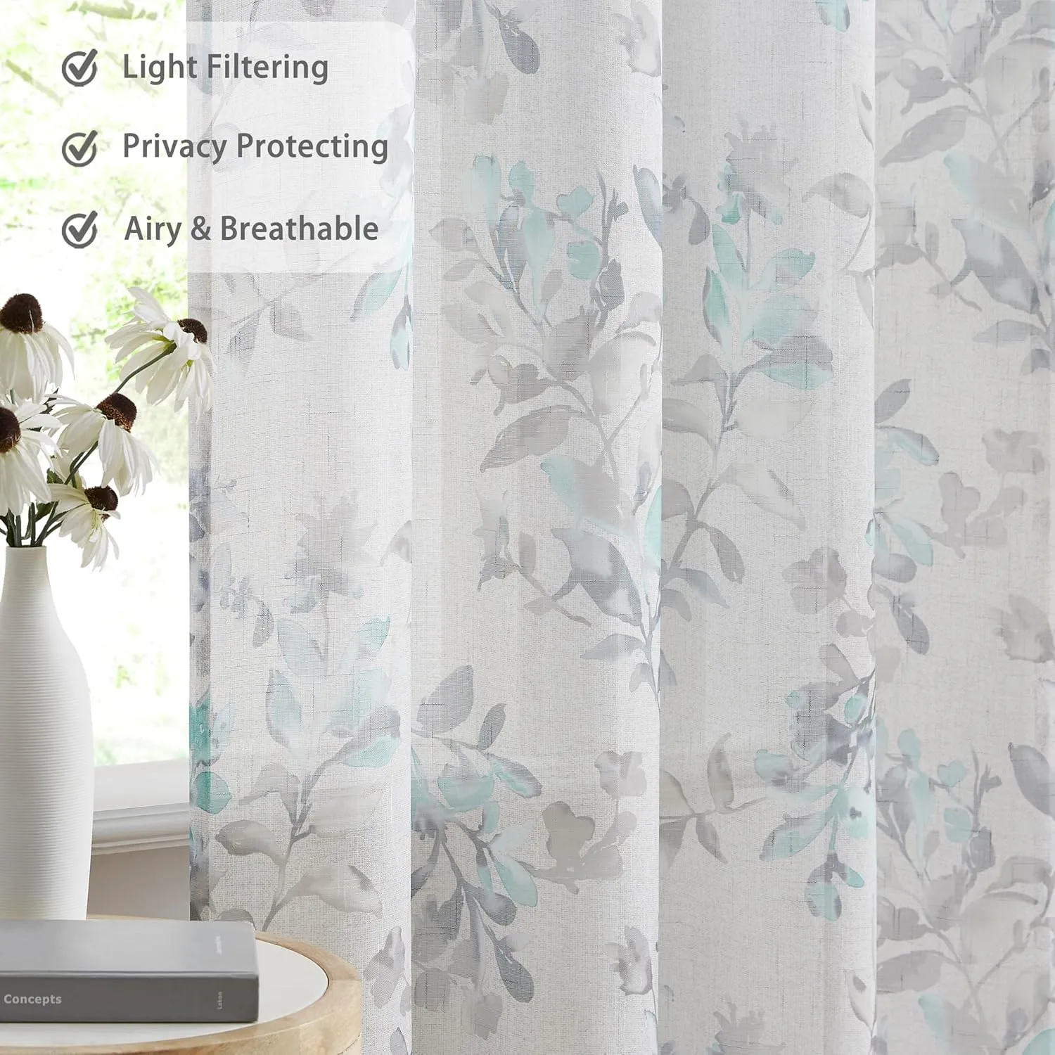 Randall Leaf Print Sheer Window Curtains 84 Inches Long Botanical Floral Pattern Slub Linen Texture Drapes for Living Room/Bedroom/Farmhouse Voile Grommet Window Treatment, 52" W, 2 Panels, Aqua/Gray