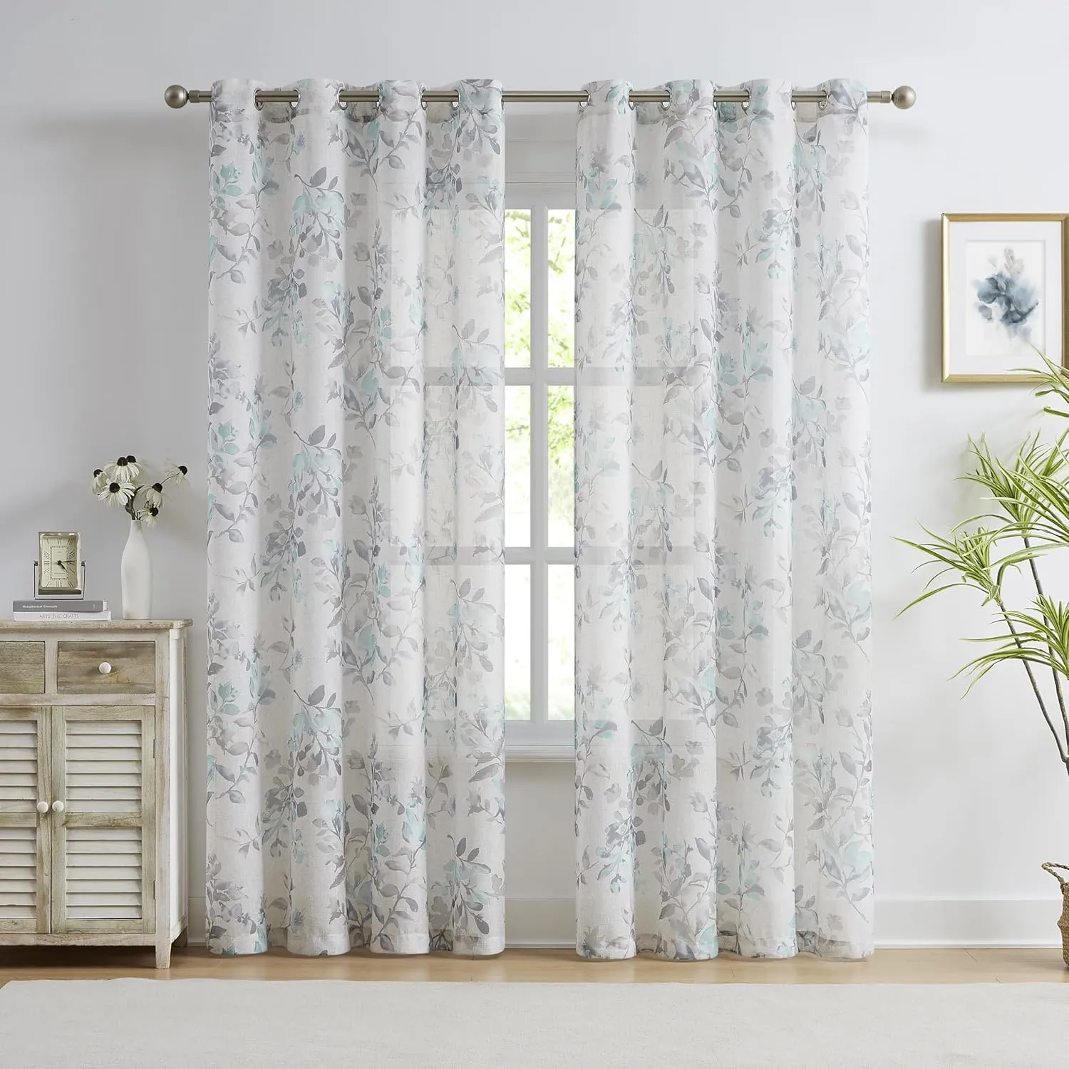Randall Leaf Print Sheer Window Curtains 84 Inches Long Botanical Floral Pattern Slub Linen Texture Drapes for Living Room/Bedroom/Farmhouse Voile Grommet Window Treatment, 52" W, 2 Panels, Aqua/Gray