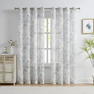 Randall Leaf Print Sheer Window Curtains 84 Inches Long Botanical Floral Pattern Slub Linen Texture Drapes for Living Room/Bedroom/Farmhouse Voile Grommet Window Treatment, 52" W, 2 Panels, Aqua/Gray