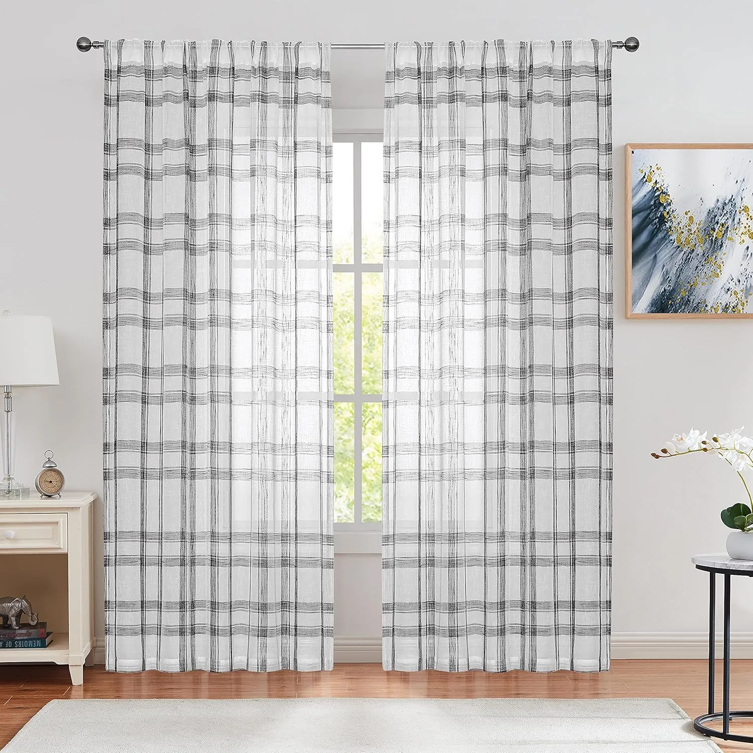 Randall Linen Curtain Panel Pairs for Living Room 63 Inch Length Geometric Check Backtab Rod Pocket Semi Sheer Window Treatment Heavy Rustic Farmhouse Style Drapes for Bedroom, 54"x63"x2, Black/White