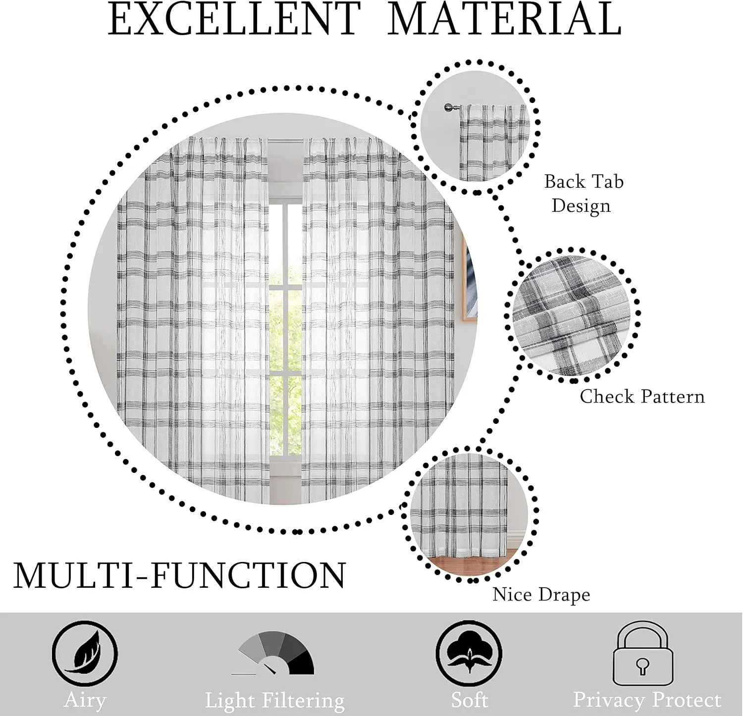 Randall Linen Curtain Panel Pairs for Living Room 63 Inch Length Geometric Check Backtab Rod Pocket Semi Sheer Window Treatment Heavy Rustic Farmhouse Style Drapes for Bedroom, 54"x63"x2, Black/White