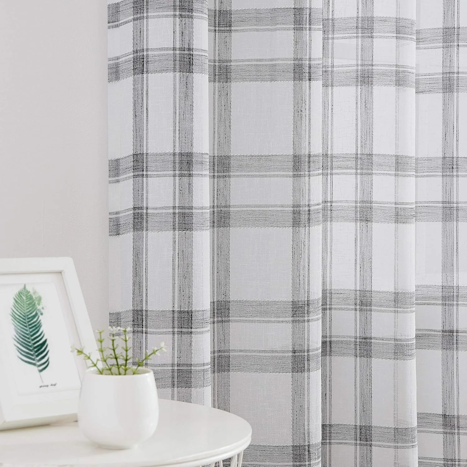 Randall Linen Curtain Panel Pairs for Living Room 63 Inch Length Geometric Check Backtab Rod Pocket Semi Sheer Window Treatment Heavy Rustic Farmhouse Style Drapes for Bedroom, 54"x63"x2, Black/White