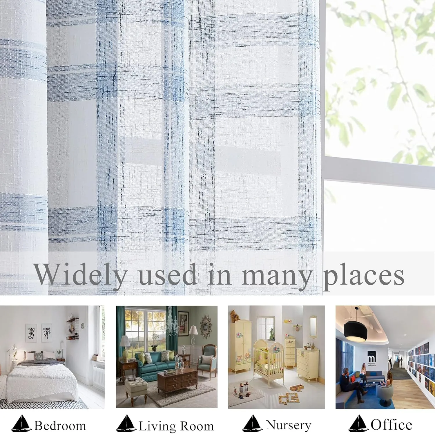 Randall Linen Window Curtain Panel Pairs for Living Room 84" Long Geometric Check Grommets Top Semi Sheer Window Treatment Heavy Rustic Farmhouse Style Drapes for Bedroom 54"x84"x2, Blue White
