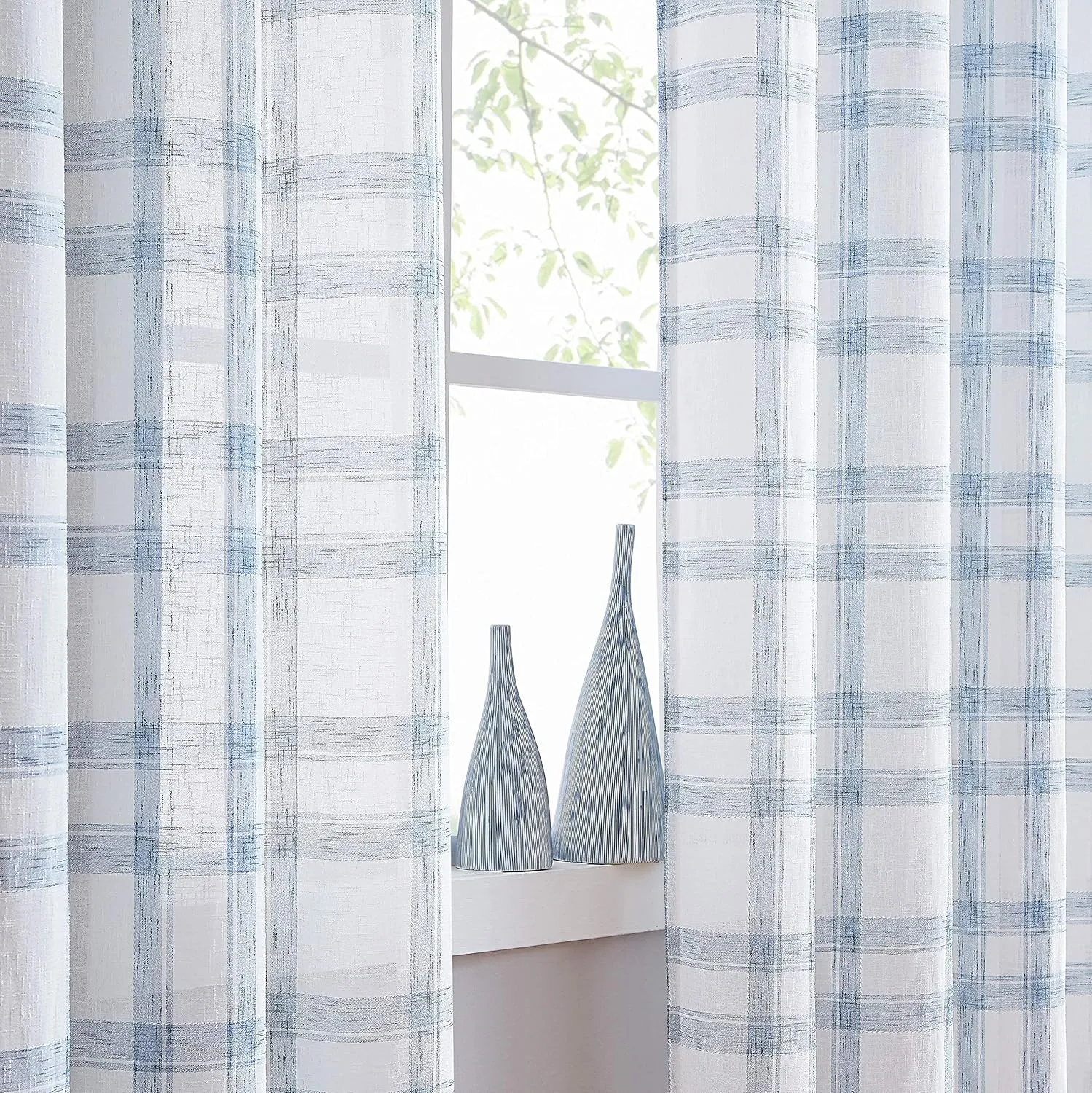 Randall Linen Window Curtain Panel Pairs for Living Room 84" Long Geometric Check Grommets Top Semi Sheer Window Treatment Heavy Rustic Farmhouse Style Drapes for Bedroom 54"x84"x2, Blue White
