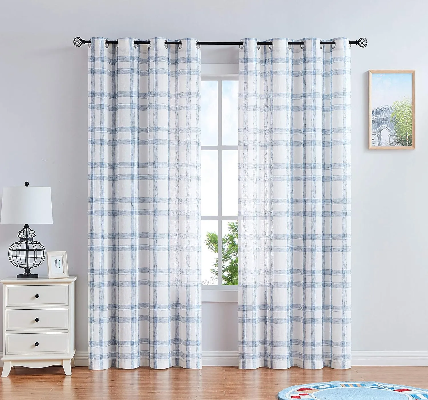 Randall Linen Window Curtain Panel Pairs for Living Room 84" Long Geometric Check Grommets Top Semi Sheer Window Treatment Heavy Rustic Farmhouse Style Drapes for Bedroom 54"x84"x2, Blue White