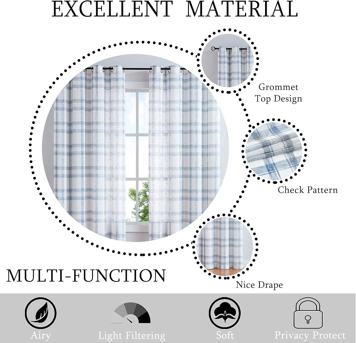 Randall Linen Window Curtain Panel Pairs for Living Room 84" Long Geometric Check Grommets Top Semi Sheer Window Treatment Heavy Rustic Farmhouse Style Drapes for Bedroom 54"x84"x2, Blue White