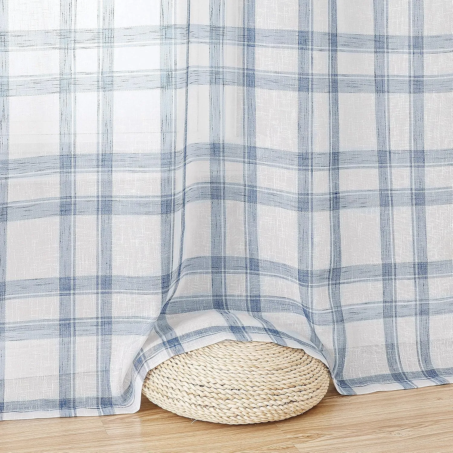 Randall Linen Window Curtain Panel Pairs for Living Room 84" Long Geometric Check Grommets Top Semi Sheer Window Treatment Heavy Rustic Farmhouse Style Drapes for Bedroom 54"x84"x2, Blue White